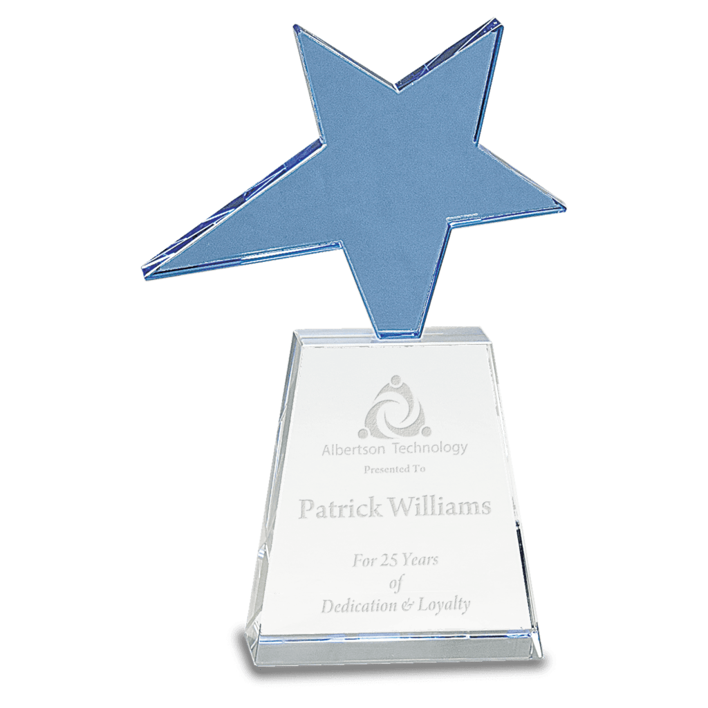 blue crystal star on clear pedestal base