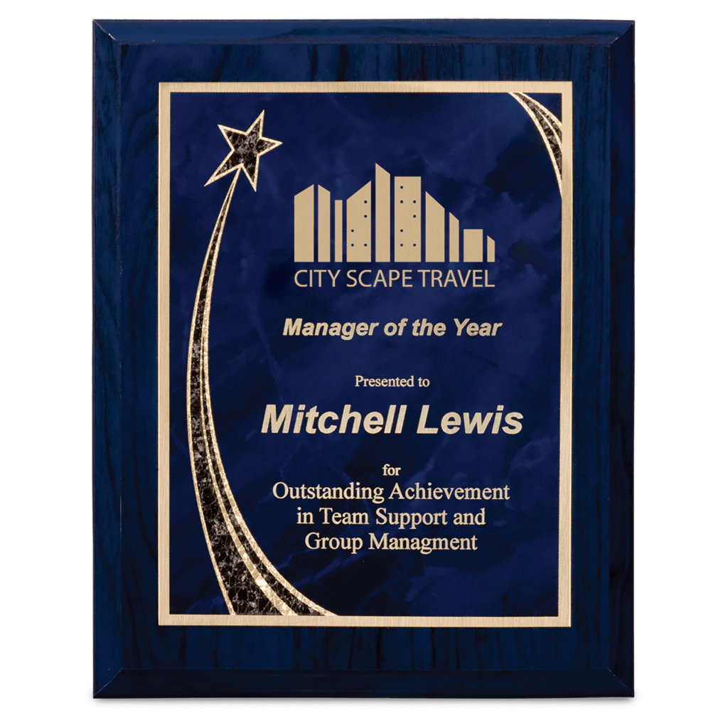 blue woodgrain plaque with blue rising star plate