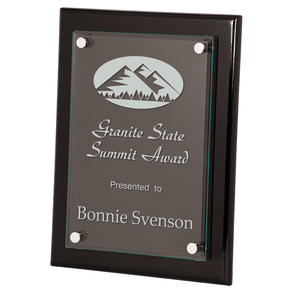 black piano finish floating glass plaque 9x12