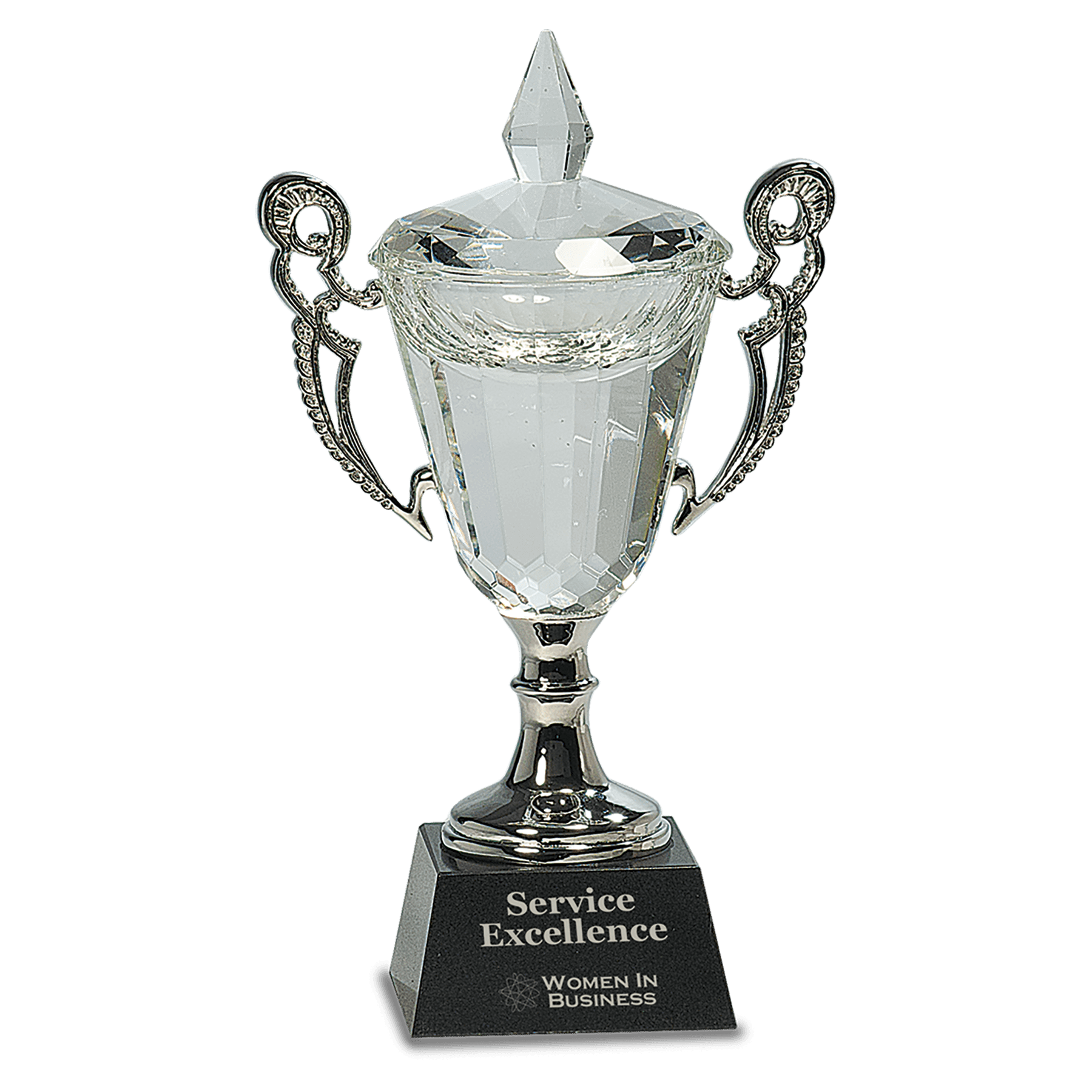 crystal cup with silver handles and stem