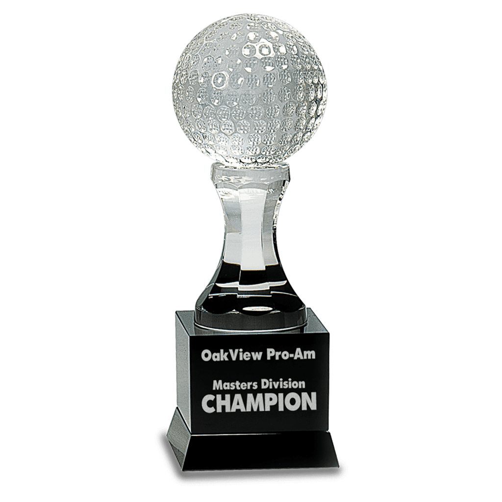 crystal golf ball on a black pedestal