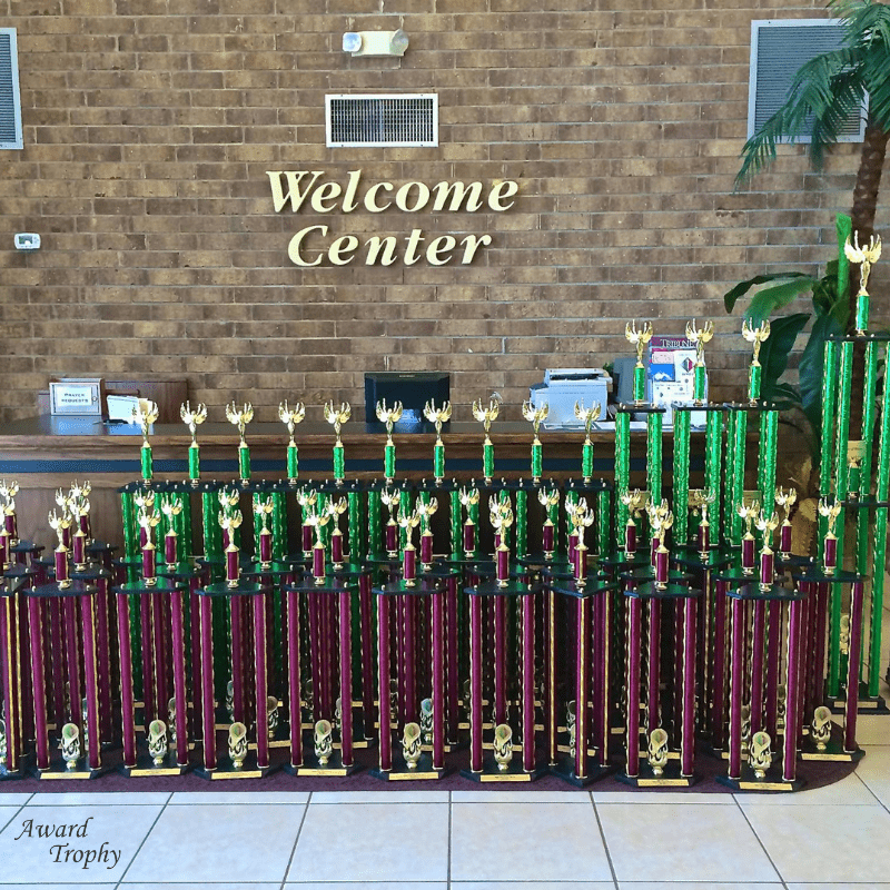 welcome center with lots of large trophies