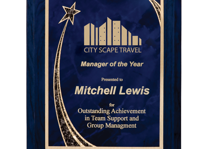 blue woodgrain plaque with blue rising star plate
