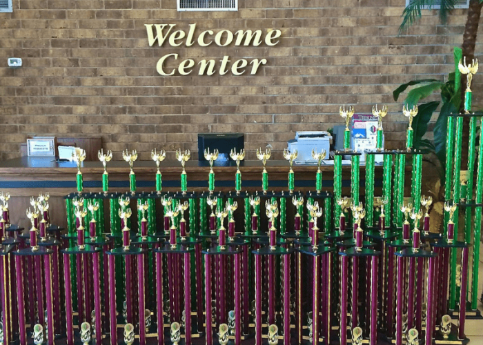 welcome center with lots of large trophies